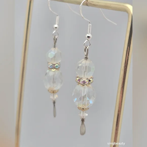 Handmade Sterling Silver AB Crystal Christmas Earrings 2” Swarovski Style - Picture 5 of 8